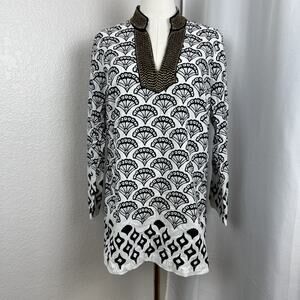 Soft Surroundings Top Womens Small White Black‎ Tunic Beaded Coastal Artsy Boho